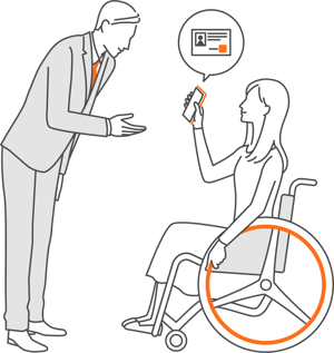 【イラスト】車いすユーザーがミライロID（スマートフォン）を掲示する様子