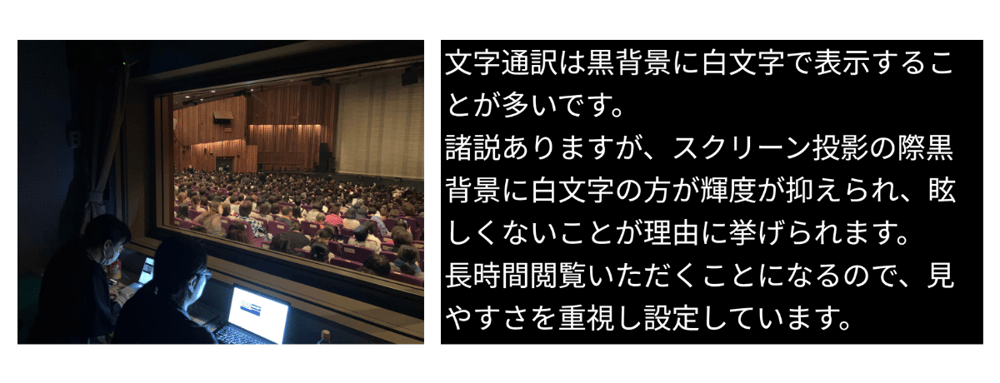 （写真）左側に劇場内で文字通訳を行うスタッフの様子、右側に黒背景に白文字で表示された字幕画面のイメージ画像。字幕には『文字通訳は黒背景に白文字で表示することが多い…』という説明文が表示されている。