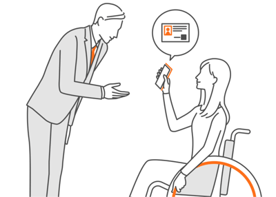 （画像）車いすユーザーの女性がスマートフォンでミライロIDを提示し、スーツを着た男性が対応しているイラスト。