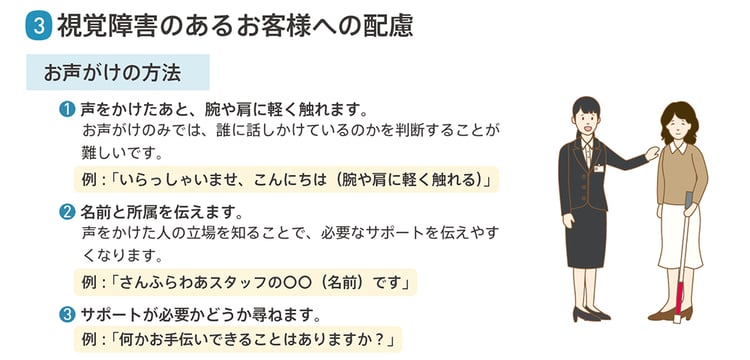 視覚障害のあるお客様への配慮事項の図（お声がけ方法や対応方法など）