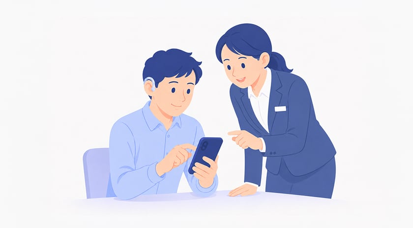 聴覚障害者がアプリで登録をするのを、専門スタッフがサポートしているイラスト