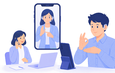 聴覚障害のある男性がスマホで介してオペレータを手話で会話している