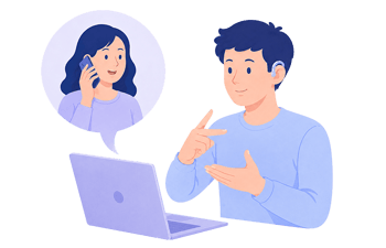 ノートパソコンを前に、スマホで電話する女性と手話で会話している男性
