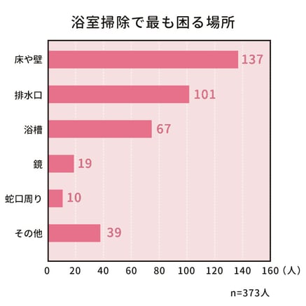 グラフ 浴室掃除で最も困る場所 n=373人 床や壁が137人、排水口が101人、浴槽が67人、鏡が19人、蛇口周りが10人、その他が39人