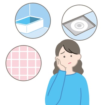 浴槽、壁、排水口などを思い浮かべながら悩んでいる様子のイラスト