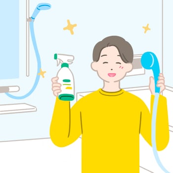 蓄圧スプレータイプの洗剤とシャワーを手に持って笑顔になっている様子のイラスト