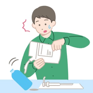 容器がたおれてしまい、つめかえ用パックから液体がこぼれている様子のイラスト