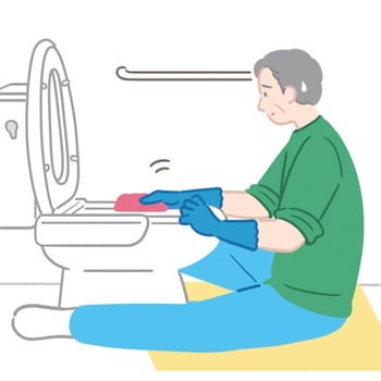 Bさんが床に座って便器掃除をしている様子のイラスト