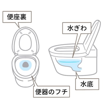 便座裏、便器のフチ、水際、水底の位置、トイレ全体の構造を説明する吹き出しが書かれているイラスト