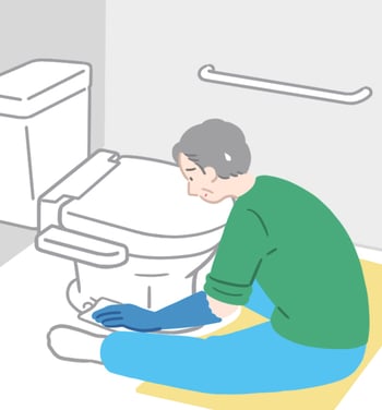 Cさんが床に座って便器のねじを掃除している様子のイラスト