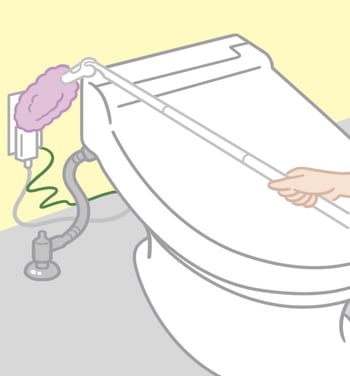 伸ばした掃除用ワイパーで、コンセントの配線のほこりを取る様子のイラスト