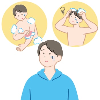 入浴（頭を洗うこと、体を洗うこと）がおっくうになっている様子のイラスト