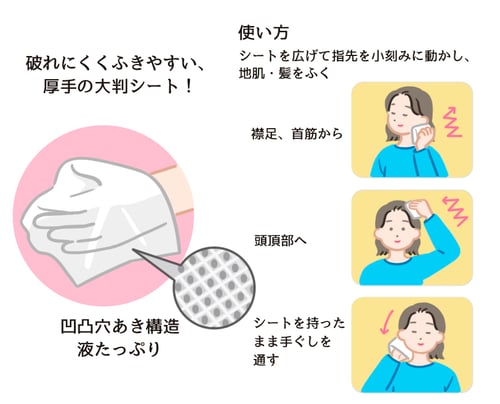 ドライシャンプーシートの特徴を表したイラスト。左側に、ドライシャンプーシートを手に持っているイラストがあり、破れにくくふきやすい、厚手の大判シート・凹凸穴あき構造液たっぷりの文字。右側に、使い方。シートを広げて指先を小刻みに動かし、地肌・髪を拭くの文字。拭き方を示したイラストが3コマ構成になっており、上から順に「襟足・首筋から」「頭頂部へ」「シートを持ったまま手ぐしを通す」