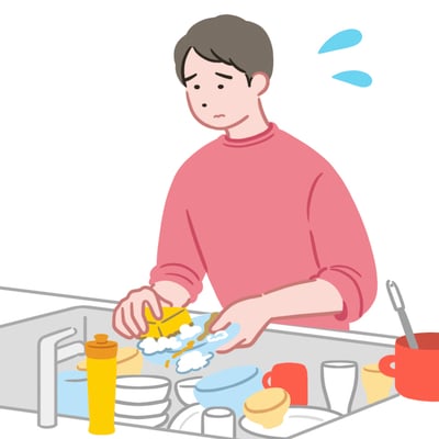 たくさん溜まった食器や汚れた食器を洗うのが大変な様子のイラスト