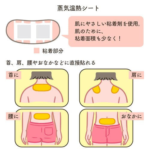 蒸気温熱シートの特徴を表したイラスト。上部に粘着部分の範囲を伝えるイラスト。「肌にやさしい粘着剤を使用。肌のために、粘着面積も少なく!」の文字。下部に、「首、肩、腰やおなかなどに直接貼れる」の文字と各場所に貼っている様子のイラスト。