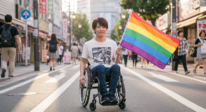 車いすに乗った人がレインボーの旗を持っている写真