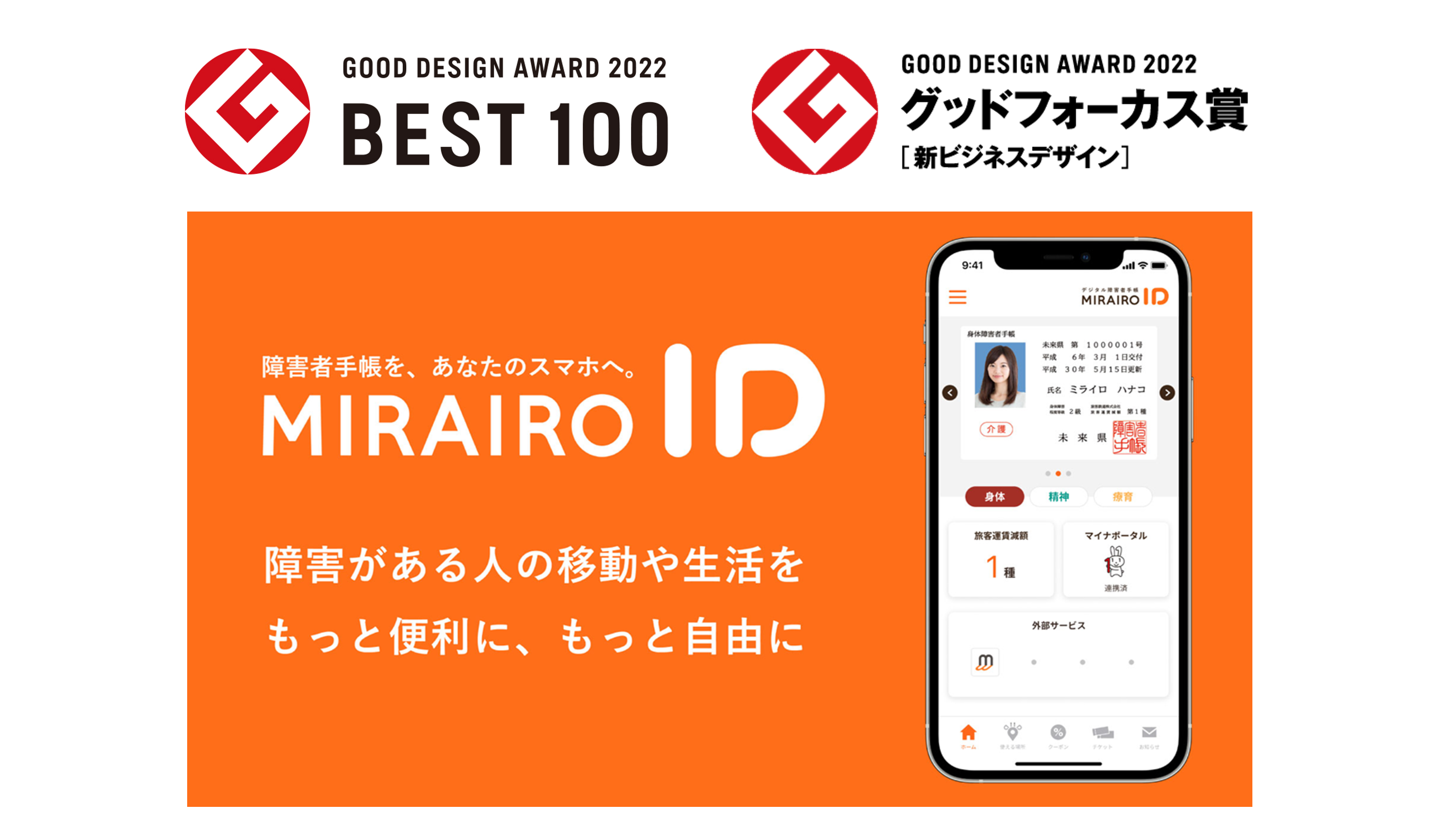 障害がある人の移動や生活をもっと便利に、もっと自由にという言葉があるミライロIDのロゴとミライロIDのスマホ画面にGooddesignaward2022のロゴがセットになった画像