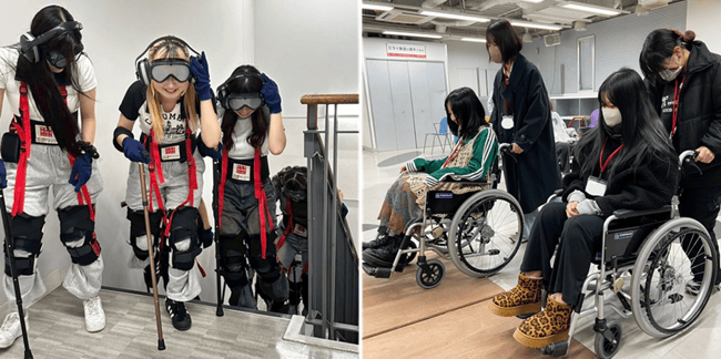 【写真】ロイヤル学園で実施した検定風景。学生が高齢者体験と車いす体験をしている様子