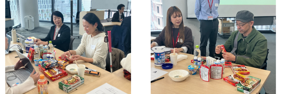 (写真)左側の写真は、白杖をもった視覚障害者の女性が江崎グリコの製品をもって使い方を体験している。その左横で社員の方がインタビューを行っている。右側の写真は、車いすユーザーの男性が江崎グリコの製品をもって使い方を体験している。その左横で社員の方がインタビューを行っている。