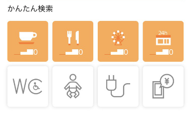 かんたん検索のの画面。アイコンが並んでいる。上段：左から、段差なしのカフェ、段差なしのレストラン、段差なしのレジャー施設、段差なしのコンビニ、  下段：左から、車いす対応トイレのあるスポット、授乳室のあるスポット、コンセントの使えるスポット、電子マネーの使えるスポット