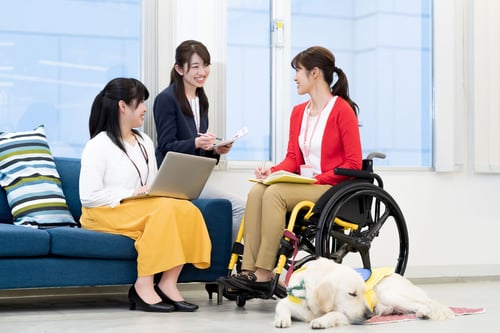写真　車いすユーザー、補助犬を連れた人と話す様子