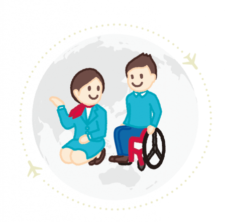 画像　CAが車いすユーザーを案内するイラスト