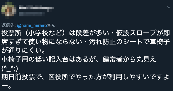写真　投票所のバリアフリーができていないことを批判するツイート