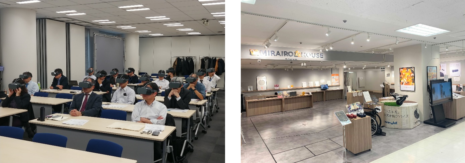 【写真】VRを付けて体験する様子（左）、ミライロハウスの店舗の様子（右）