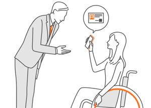 【イメージイラスト】車いすユーザーがミライロIDを掲示する様子