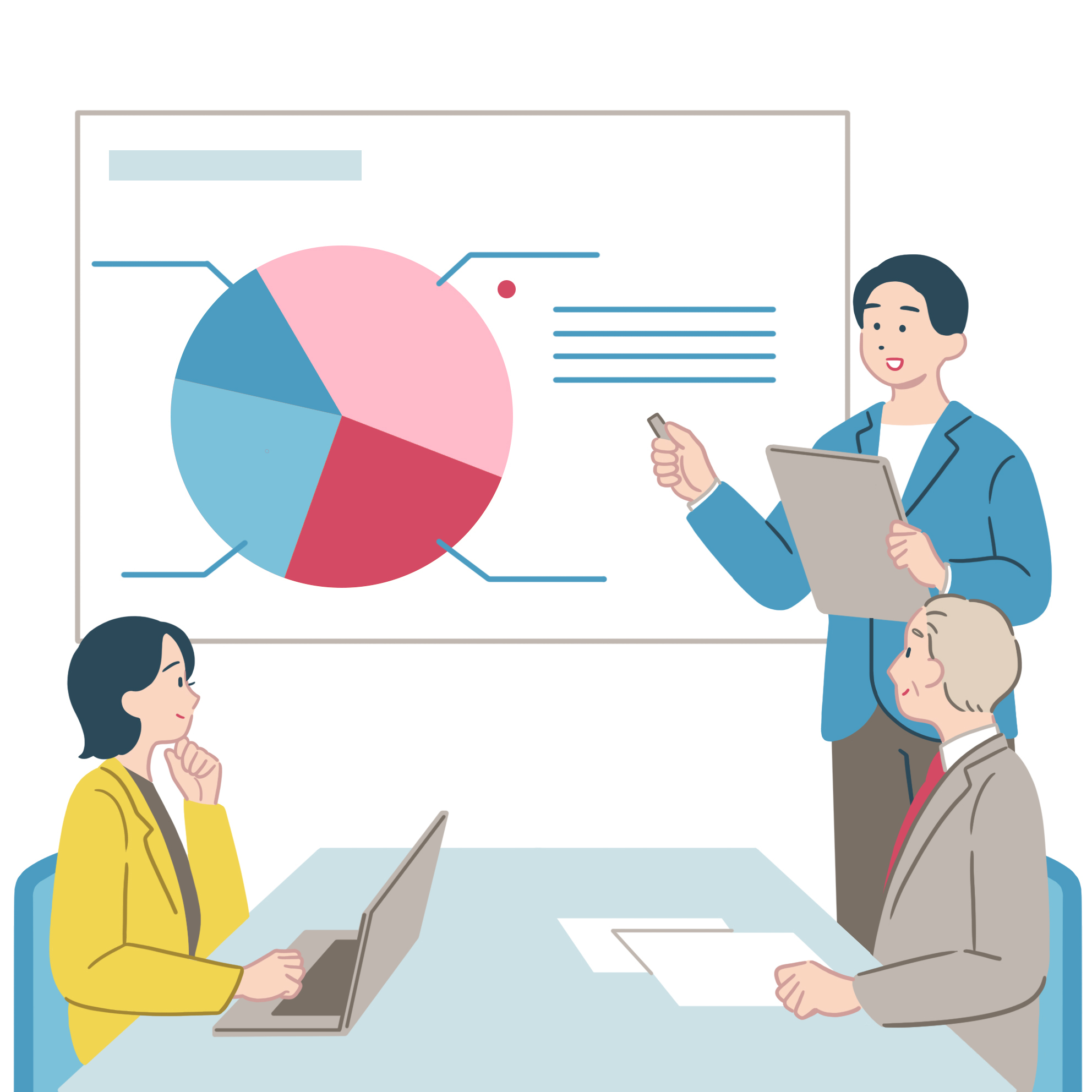 調査員が企業の方に調査結果を説明しているイラスト