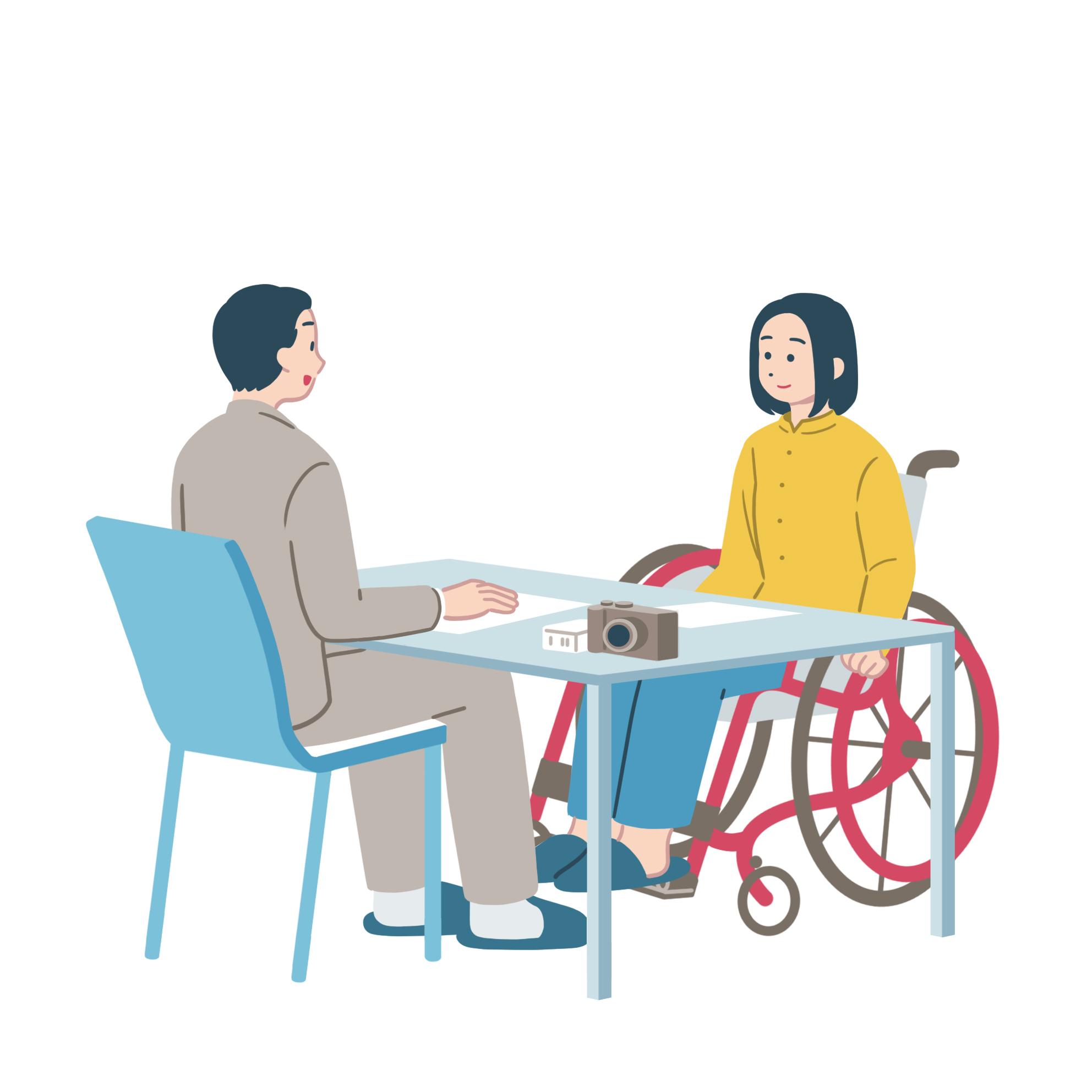車いす利用者がインタビューを受けているイラスト