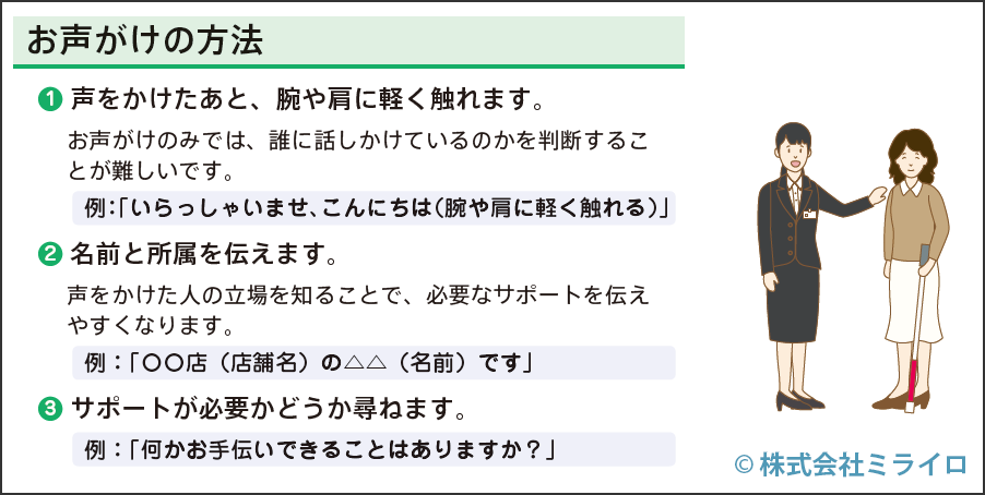 写真　マニュアル内にある、視覚障害のある方へのお声がけ方法のページ