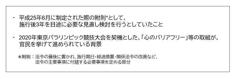 平成25年6月に制定された際の附則として、施行後3年を目途に必要な見直し検討を行うとしていたこと。2020年東京パラリンピック競技大会を契機とした、心のバリアフリー等の取り組みが官民を挙げて進められている背景。