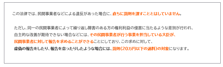 この法律では、民間事業者などによる違反があった場合に、ただちに罰則を課すことはしていません。ただし、同一の民間事業者によって繰り返し障害のある方の権利利益の侵害に当たるような差別が行われ、自主的な改善が期待できない場合などには、その民間事業者が行う事業を担当している大臣が、民間事業者に対して報告を求めることができることにしており、この求めに対して、虚偽の報告をしたり、報告を怠ったりしたような場合には、罰則（20万円以下の過料）の対象となります。