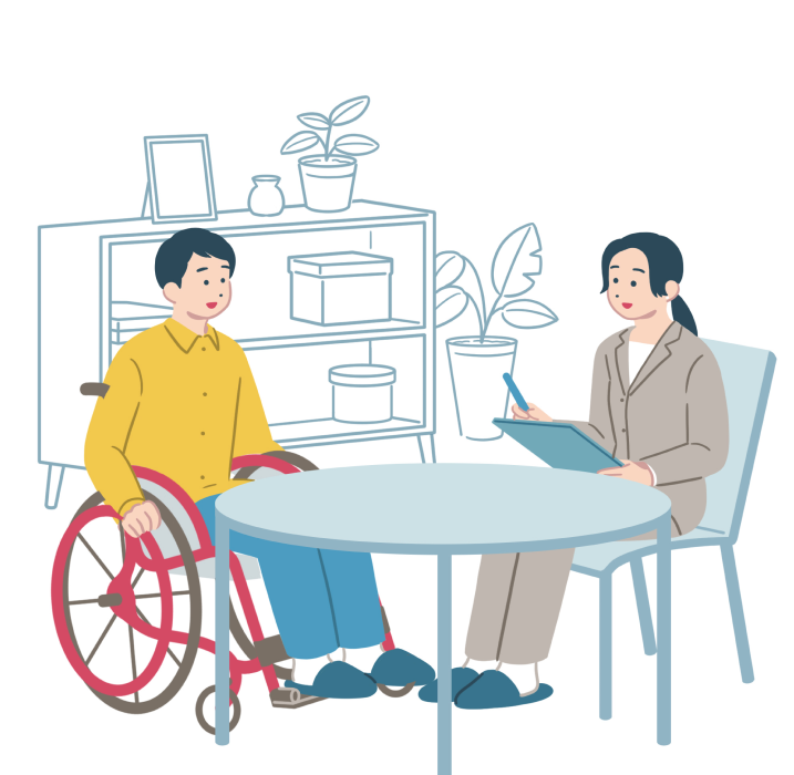 調査員が車いすユーザーにインタビュー調査をしているイラスト